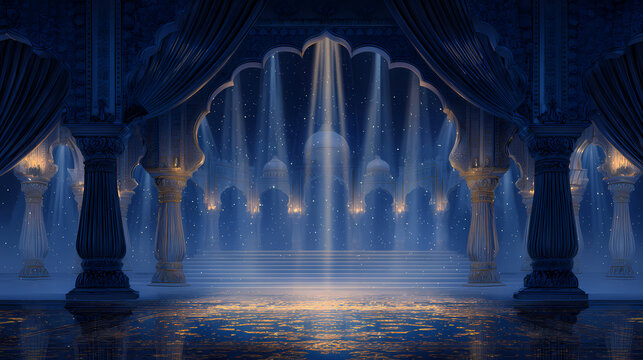Mystic blue palace interior with columns and fountains