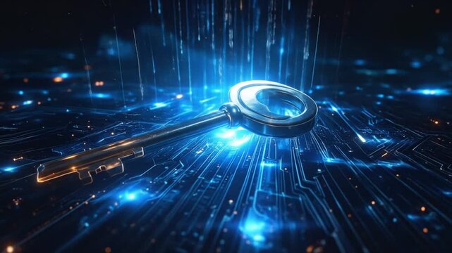 Digital Security Concept: Glowing Key on Circuit Board, Futuristic Visuals
