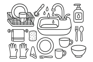 Kitchen Cleaning Doodle. Hand-drawn doodle illustration Washing and drying station [dish rack, sink, faucet, soap bottle, brush, sponge, towel, plate, cup,