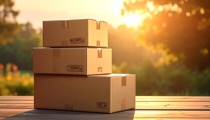 Cardboard boxes stacked outdoors, golden sunlight