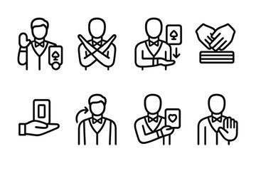 Dealer Signal Icons. Outline icon set of dealer signals: bet accepted, no bet, payout, shuffle, cut card, dealer change, card reveal, dealer pause. Line icons