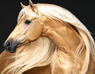 Close-up of a golden horse's head and flowing mane