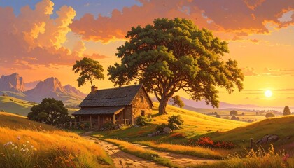 Picturesque Cottage Retreat A Golden Sunset Painting the Landscape with Warm Hues and Serenity