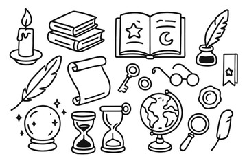 Fototapeta premium Magical Vintage Symbols. Hand-drawn doodle illustration Magical vintage books, spell book, candle, quill, ink bottle, feather, scroll, key, globe, crystal