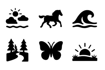 Naklejka premium Nature Freedom Icons. Solid, filled icon set of freedom in nature: open sky, flowing river, wild horse, ocean wave, forest path, flying butterfly, open field,