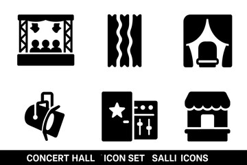 Concert Hall Icons. Solid, filled icon set of concert hall elements: concert stage, acoustic panel, audience seat, curtain, spotlight, backstage, soundboard,
