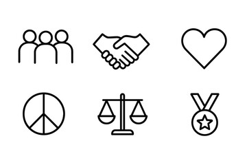 Fototapeta premium Mutual Respect Icons. Outline icon set of mutual respect: group of people, handshake, linked hands, heart, peace symbol, balance scale, speech bubbles, medal.