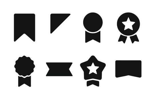 Black Ribbon Icons. Solid, filled icon set of digital ribbon icons: bookmark ribbon, corner ribbon, notification badge, ranking ribbon, achievement tag, promo