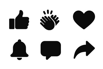 Obraz premium Black Applause Icons. Solid, filled icon set of applause digital icons: like button, clapping emoji, thumbs up emoji, star rating, heart icon, notification