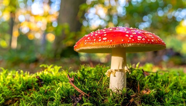 Close-up of a vibrant red mushroom in a mossy forest