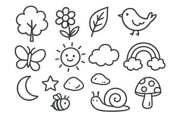 Nature Doodle Icons. Hand-drawn doodle illustration Nature-themed wall stickers, tree, flower, leaf, bird, butterfly, sun, cloud, rainbow, moon, star, rock,