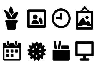 Desk Decoration Icons. Solid, filled icon set of desk decorations: plant, photo frame, clock, art piece, calendar, stress ball, desk organizer, motivational