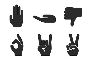 Fototapeta premium Hand Gesture Icons. Solid, filled icon set of hand signals for communication: sign language, stop hand, come here, thumbs down, okay sign, rock sign, call me