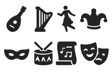 Court Entertainment Icons. Solid, filled icon set of court entertainment: lute, harp, dance, jester hat, mask, drum, scroll music, theatrical mask. Solid,