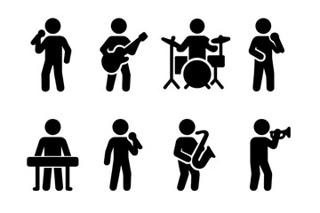 Live Band Icons Grid. Solid, filled icon set of live band members: lead singer, guitarist, drummer, bassist, keyboardist, backup vocalist, saxophonist,