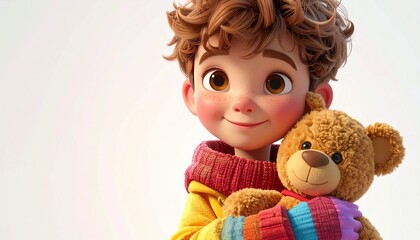 Delightful 3D animated boy with a joyful smile and rosy cheeks, holding a classic brown teddy bear, embodying pure childhood innocence and comforting companionship