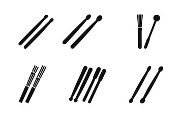 Drumsticks Icon Set. Solid, filled icon set of drumsticks types: wooden drumsticks, nylon tip sticks, brush sticks, mallets, rods, marching sticks, jazz