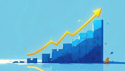 Ascending puzzle pieces forming a growth graph with a golden arrow indicating upward trajectory
