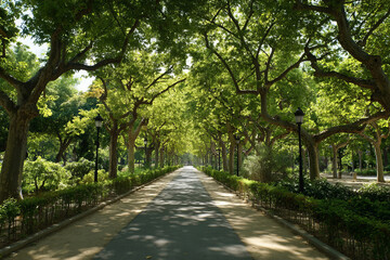 Obraz premium Sunny pathway lined with green trees and foliage in park