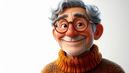 Stylized 3D character portrait of a cheerful elderly gentleman with grey hair and a warm, friendly expression on a white background