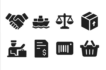 Trade and Commerce Icons. Solid, filled icon set of trade and commerce: handshake deal, cargo ship, trade balance, export box, customs check, tariffs, barcode