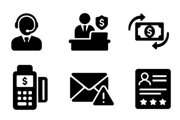 Obraz na płótnie Canvas Bank Services Icons. Solid, filled icon set of bank customer services: call center, help desk, appointment, money transfer, payment processing, email alert,