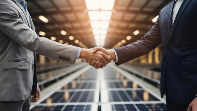 A business handshake in front of solar panels, symbolizing a partnership for renewable energy and sustainable business practices