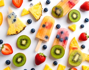 Colorful fruit popsicles arranged on a white background (1)