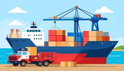 Cargo ship being loaded by a truck at a port