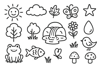 Fototapeta premium Springtime Doodle Icons. Hand-drawn doodle illustration spring water spring, rock, tree, flower, grass, frog, fish, bird, butterfly, water droplet, sun, cloud,
