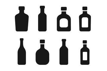 Bar Shelf Icons. Solid, filled icon set of bar shelf items: whiskey bottle, vodka bottle, rum bottle, gin bottle, tequila bottle, wine bottle, liqueur bottle,
