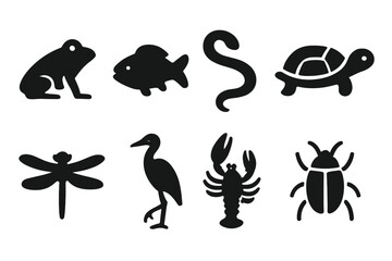 Aquatic Animal Icons. Solid, filled icon set of aquatic animals associated with rusalka: frog, fish, snake, turtle, dragonfly, heron, crayfish, beetle. Solid,