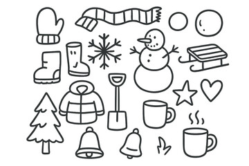 Winter Doodle Fun. Hand-drawn doodle illustration Snowball fight fun mitten, hat, scarf, boots, snowball, snowflake, snowman, sled, jacket, shovel, star,