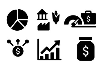 Diversified Investment Icons. Solid, filled icon set of net worth diversification: pie chart slices, investment sectors, asset classes, risk meter, portfolio