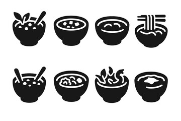 Iconic Soup Collection. Solid, filled icon set of international soups: borscht, minestrone, gazpacho, pho, clam chowder, ramen, tom yum, French onion soup.