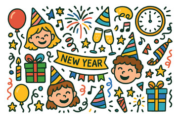 New Year Celebration. New Year joy. Colorful Hand-drawn doodle Children illustration Fireworks, party hats, confetti, champagne glasses, clock striking