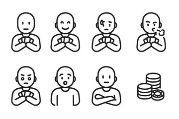 Card Player Emotions. Outline icon set of card player emotions: poker face, confident smile, nervous sweat, bluff face, focused look, surprised face, folded