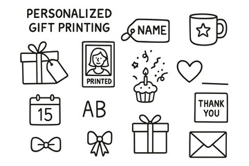 Personalized Gift Icons. Hand-drawn doodle illustration [Personalized gift printing] [wrapped box, gift tag, name print, ribbon, custom photo frame, printed