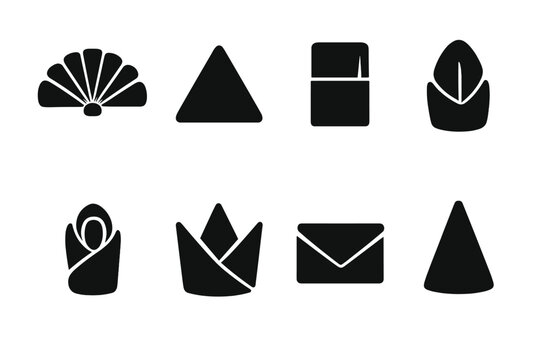 Napkin Fold Icons. Solid, filled icon set of napkin fold styles: fan fold, pyramid fold, pocket fold, bishop?s hat, rose fold, crown fold, envelope fold,
