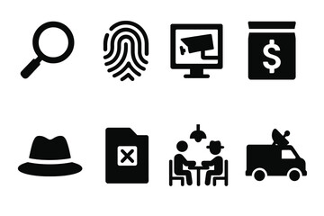 Blackmail Investigation Icons. Solid, filled icon set of blackmail investigation: magnifying glass, fingerprint, CCTV footage, evidence bag, detective hat,