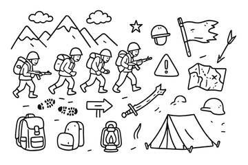 Fototapeta premium Soldiers' Retreat Doodle. Hand-drawn doodle illustration Soldiers retreating in mountains mountain, soldier figures, backpack, boot prints, cloud, star,