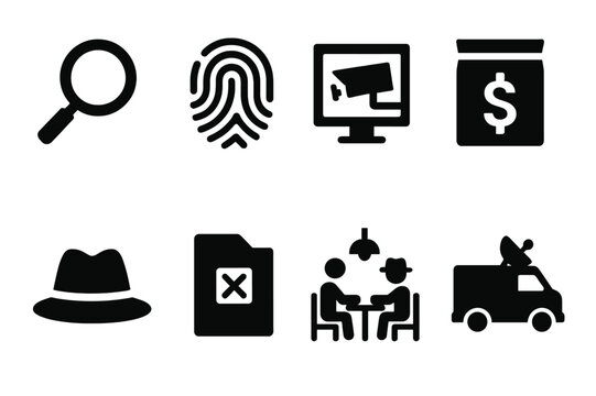 Blackmail Investigation Icons. Solid, filled icon set of blackmail investigation: magnifying glass, fingerprint, CCTV footage, evidence bag, detective hat,