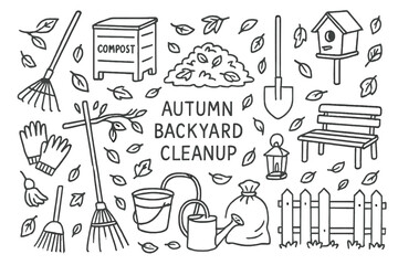 Fototapeta premium Autumn Garden Cleanup. Hand-drawn doodle illustration [Autumn Backyard Cleanup] [garden rake, compost bin, leaf pile, shovel, gloves, broom, trash bag, bucket,