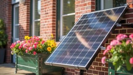 Solar panel attached to a brick wall next to a window with flower boxes filled with colorful flowers on a sunny day in the countryside