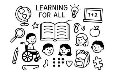 Inclusive Learning Doodles. Hand-drawn doodle illustration Learning for all children open book, globe, magnifying glass, diverse kids, wheelchair, hearing aid,