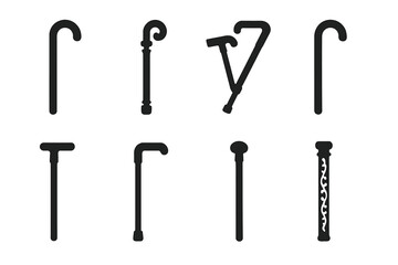 Cane Icons Collection. Solid, filled icon set of canes: walking cane, ornate cane, folding cane, curved handle cane, straight cane, metal cane, wooden cane,