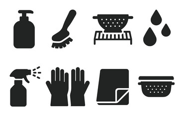 Cleaning Tools Icons. Solid, filled icon set of strainer maintenance and cleaning: soap bottle, cleaning brush, drying rack, water droplets, sanitizer spray,