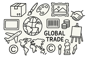 Global Trade Icons. Hand-drawn doodle illustration Global trade in art, design, and creative industries [globe, shipping box, paintbrush, palette, gallery
