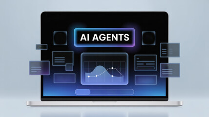 Obraz premium Laptop screen displaying ai agents concept with futuristic interface elements and data visualization on a modern device, isolated on white background