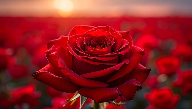 Close-up of a vibrant red rose at sunset